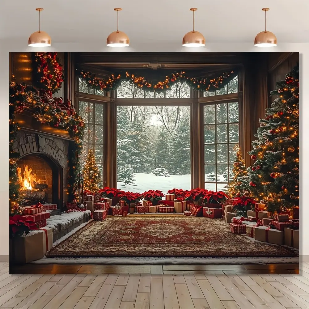 Polyester Christmas Festive Backdrop Banner - Lightweight Fireplace Scene Home Decor, Geometric Accent for Winter Holiday Family Gatherings, Birthday, Bonfire, Anniversary Party Supplies & Ideal Gift