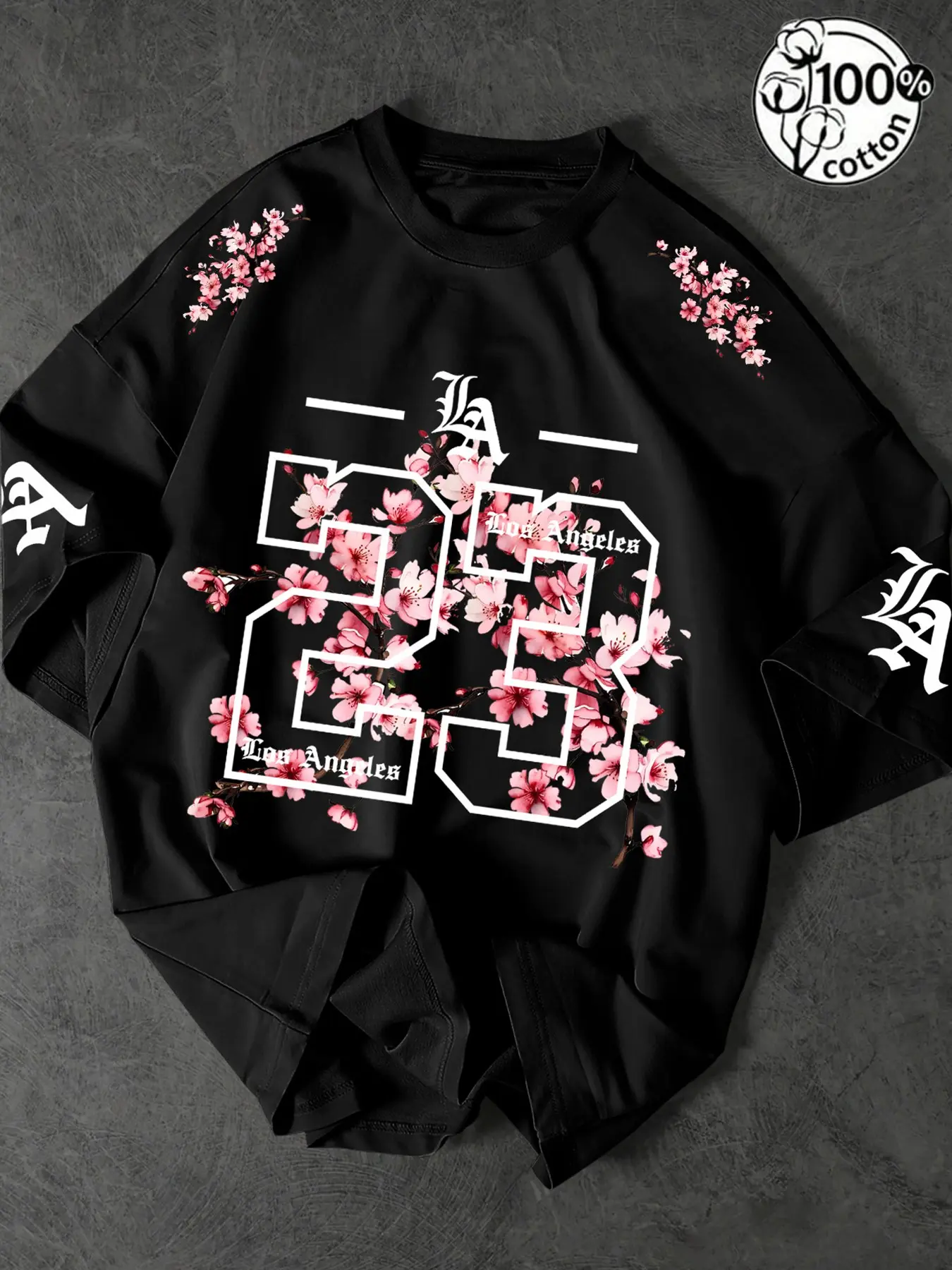 Unisex 100% Cotton Oversized T-Shirt, Los Angeles 23 Gothic Cherry Blossom Print, Y2K Streetwear Top