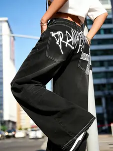 Women's Streetwear High-Waisted Baggy Jeans with Contrast Stitching, Washed Finish & Graffiti Print - Ideal for Skate, Daily Wear & Year-Round Use