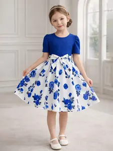 Girls Blue Patchwork Dress, High Waist Bow Belt, Short Sleeve Bubble Top, A-Line Skirt, Sweet Princess Style, 3-10 Years, Floral Pattern Dress