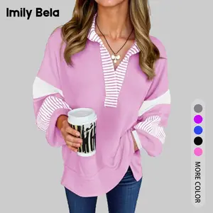 Imily Bela Essentials Womens Color Block Oversized Sweatshirt Polo V Neck Long Sleeve Shirts Casual Loose Pullover Tops