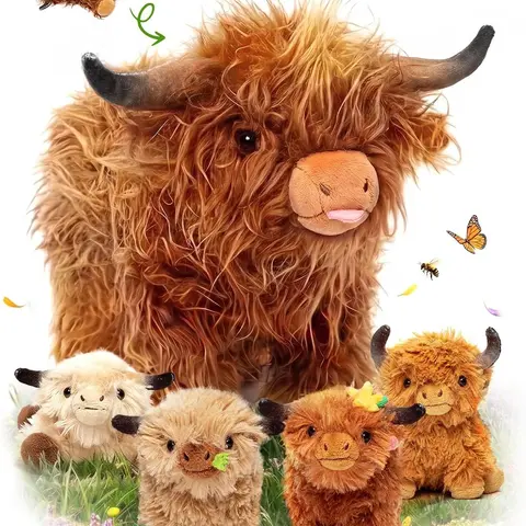 Highland Cow Cat Puzzle Toy with Zipper Pocket, 5 Mini Plush Toys Inside for Hide and Seek, Soft Fluffy Interactive Kitten Toy, Durable Pet Enrichment for Bored Cats