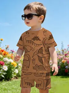 Boys Summer Dinosaur Print Set, Vintage Hand-Drawn Pattern, Short Sleeve Shorts Two-Piece, Casual Fitted, All Seasons