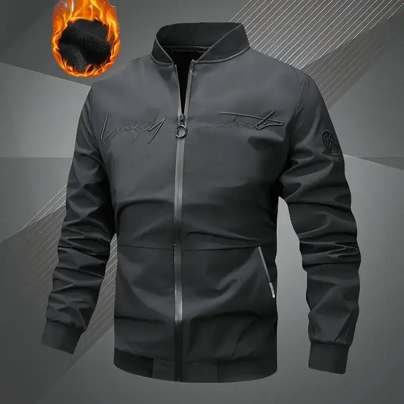 Men's Fitted Fleece-Lined Longsleeves Baseball Jacket - Stylish Embossed Design, Warm, Casual Versatile Coat in Black & Classic Gray, Style