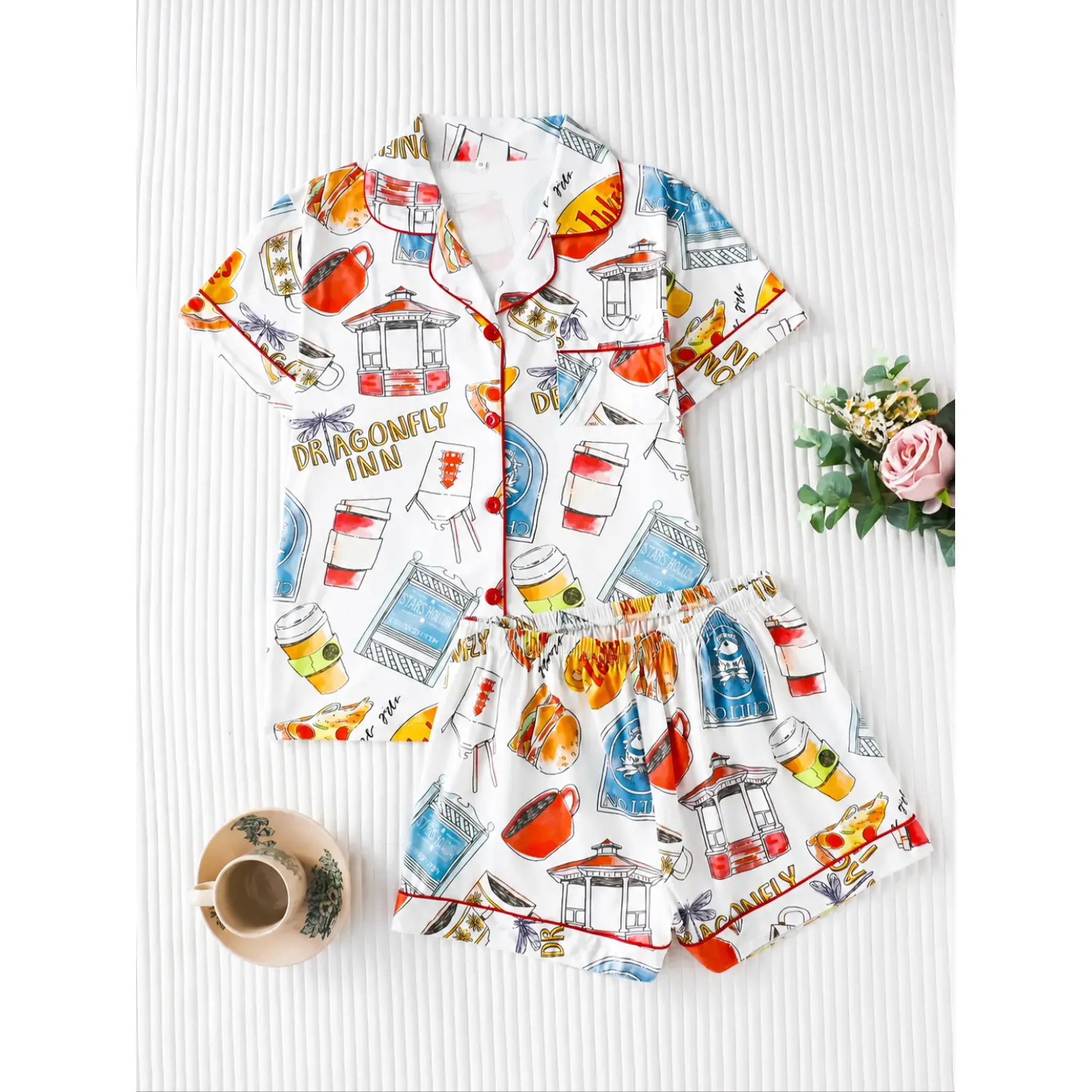 Women's Cupcake Print Pajama Set: Short Sleeve Top & Comfy Shorts Sleepwear Lounge Set