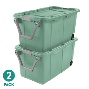Sterilite Extra-Large Wheeled Industrial Storage Bin, 40 Gallon Durable Plastic Storage Tote with Latching Lid and Pull Handle, Black, 2 Pack