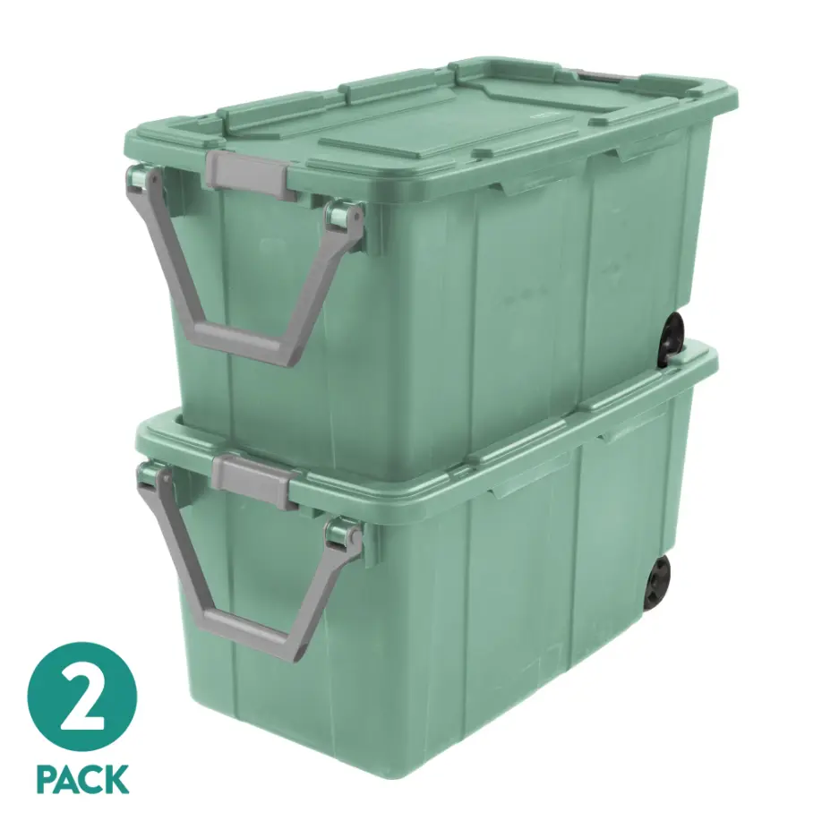 Sterilite Extra-Large Wheeled Industrial Storage Bin, 40 Gallon Durable Plastic Storage Tote with Latching Lid and Pull Handle, Black, 2 Pack