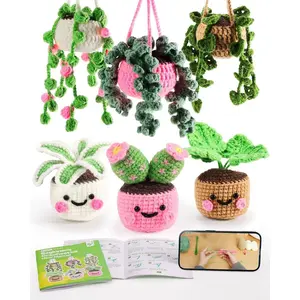 Crochet Kit for Beginners with Step-by-Step Video Tutorials, Crochet Starter Kits for Adults, Potted Hanging Plants Craft Kit with Yarn Sets for Home/Car Decoration, Gift for All Ages
