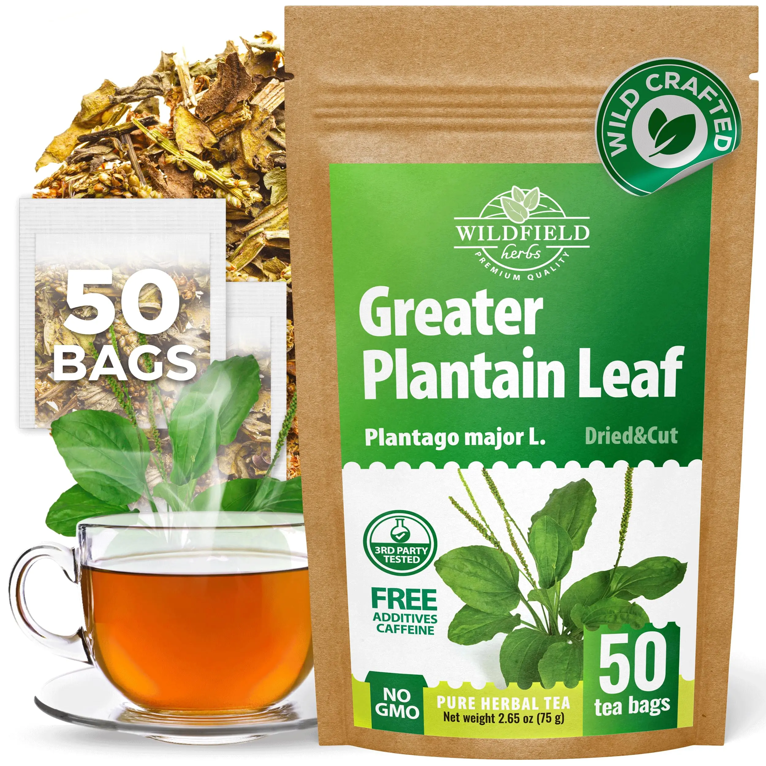 50 Bags Broadleaf Plantain Leaf Herb Tea (Plantago Majoris Folia) Plantain Leaves Tea - 50 Count 1.5 g Bags Llanten