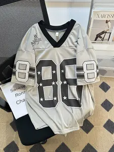 American Retro Style Star Patch Mesh V-Neck Short Sleeve Jersey, Streetwear Hip-Hop Sports T-Shirt, Loose Breathable Couple Fit