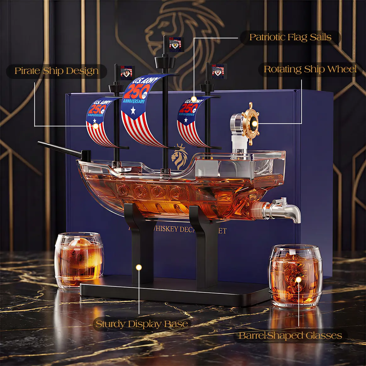Kollea USA 250th Anniversary Whiskey Decanter Set with Deluxe Gift Box,Home Bar Liquor Dispenser&Man Cave Ornaments,Ideal Gift for Men,Dad,Mom,Husband,Boyfriend,Sailor&Captain Fans,Suitable for Anniversary,Hand Blown Glass,No Alcohol Included,sohochic soh