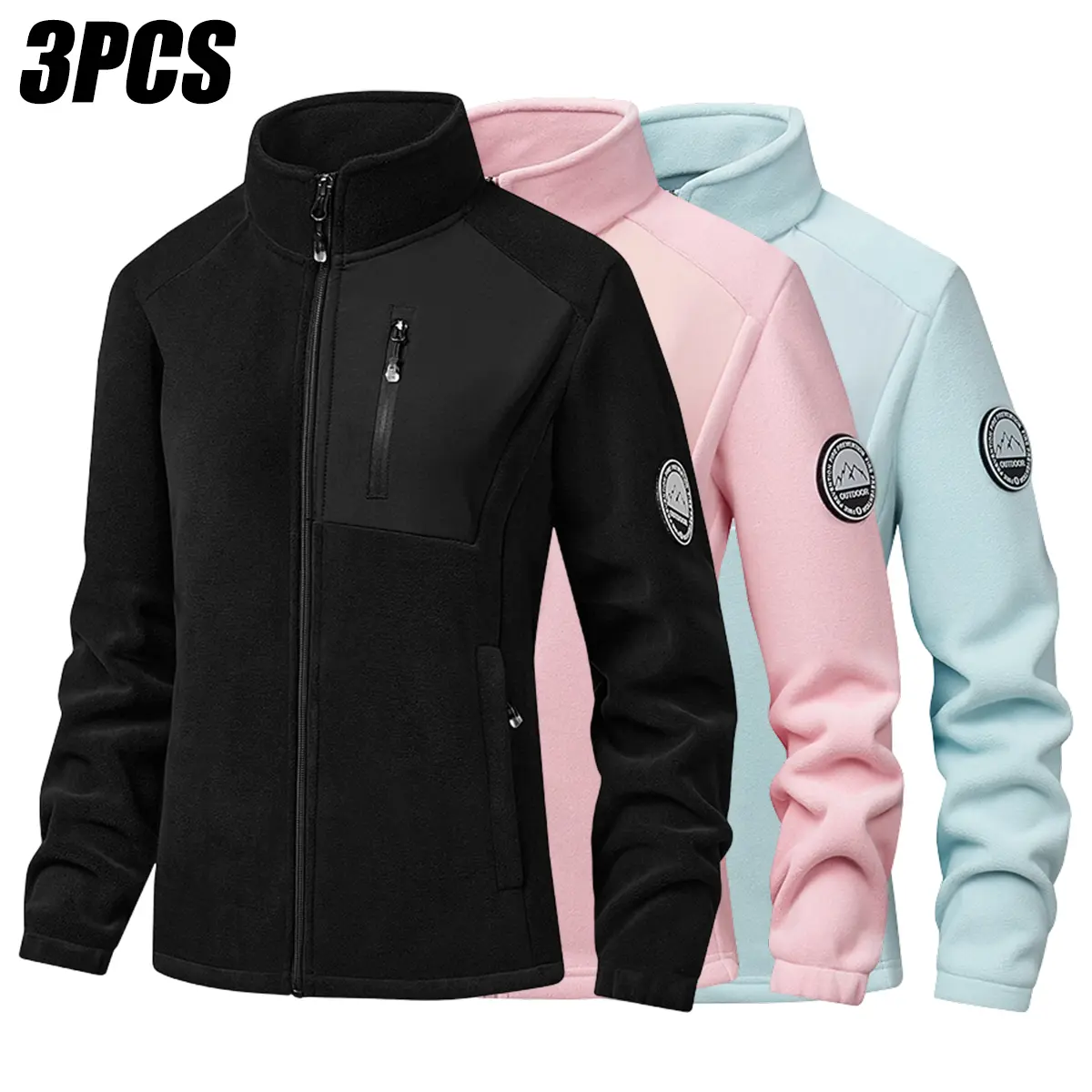 JOGWAVE Women's 3PCS Full-Zip Fleece Jacket - Contrast Chest Zip Pocket, Mountain Explorer Badge, Stand Collar, Thermal Windproof, Slim Fit, Midweight Mid-Length Regular Size Outerwear with Multi Security Pockets for Hiking, Casual Street