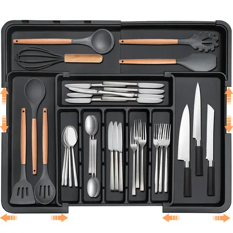 【SUHOPE】Summer Super Deal Silverware Organizer Expandable Kitchen Utensil Drawer Organizer with 9 Compartment Large Cutlery Organizer Tray for Forks Knives 13" - 22"W ,14.5" - 19"L