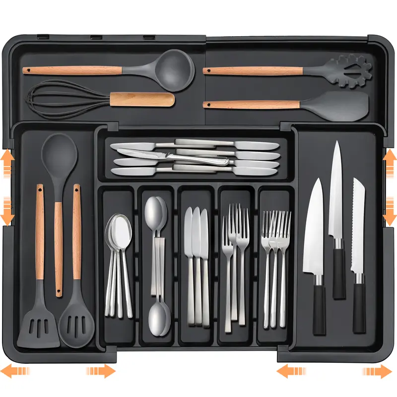 【SUHOPE】Summer Super Deal Silverware Organizer Expandable Kitchen Utensil Drawer Organizer with 9 Compartment Large Cutlery Organizer Tray for Forks Knives 13" - 22"W ,14.5" - 19"L