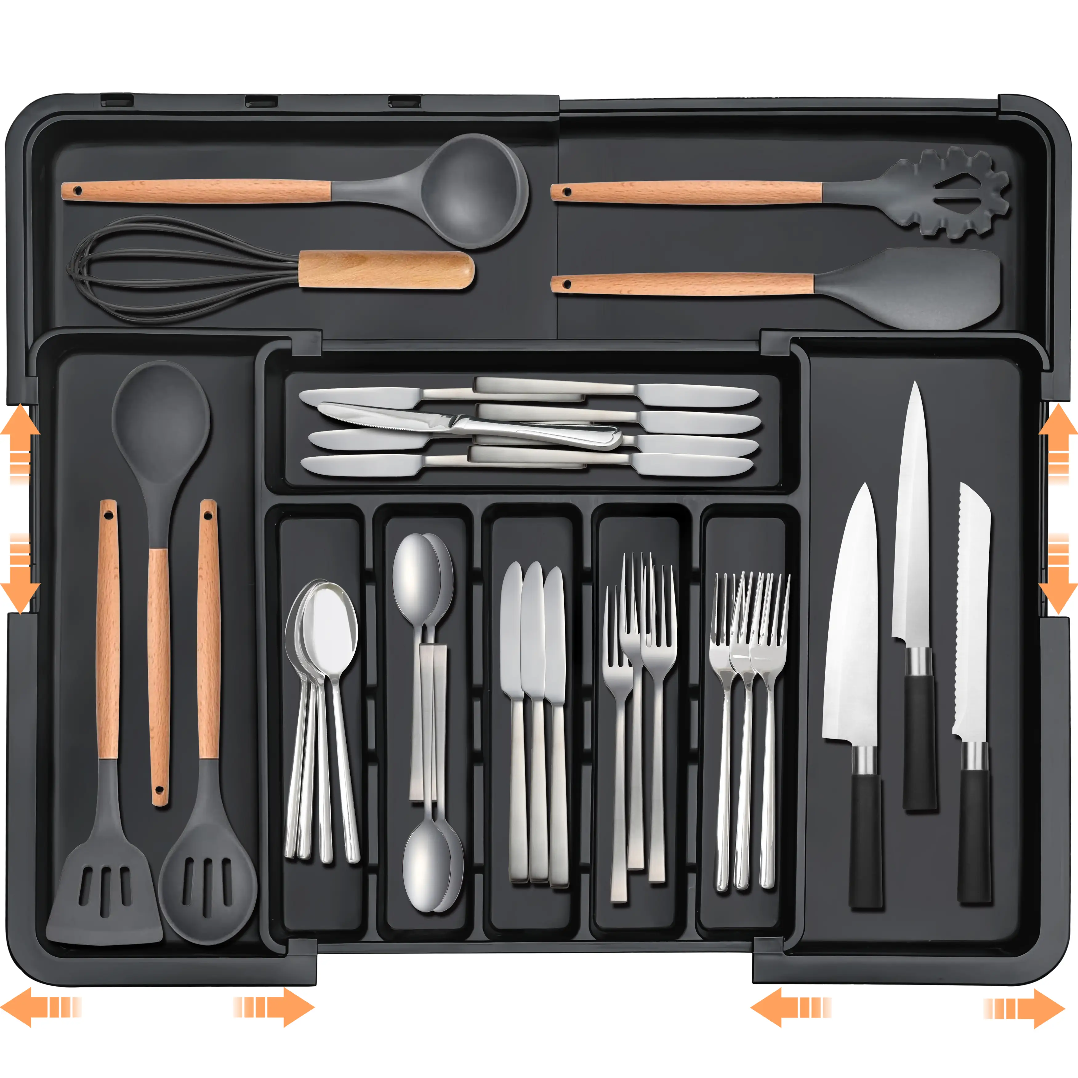 【SUHOPE】【Back To School】 Silverware Organizer Expandable Kitchen Utensil Drawer Organizer with 9 Compartment Large Cutlery Organizer Tray for Forks Kn