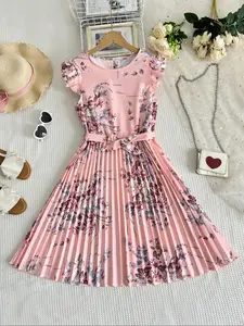 Ethnic Style Girl Retro Elegant Floral Print for Lotus Sleeve Mid-Long Dress + Belt, Elegant Pleated Princess Dress, Casual Dress, as a Gift