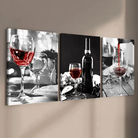 Wooden Framed Canvas Painting, 3 Counts/set Wine Glass Pattern Wall Art, Western Wall Art, Modern Art, Perfect Living Room Decor, Home Decoration Poster, Home Decor Products
