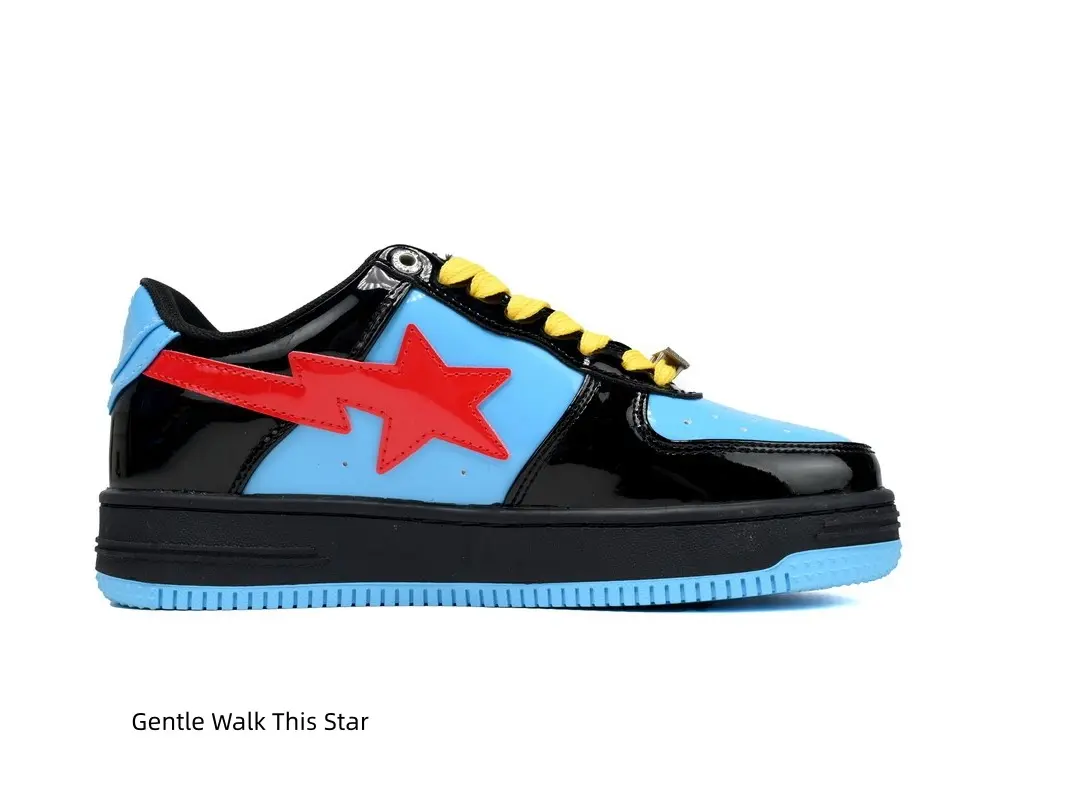 Eye-Catching Black Sky Blue Color Block Low Cut Flat Sneakers, Glossy Patent Leather Upper, Two-Tone Black Light Blue Non-Slip Rubber Outsole, Lightweight Trendy Street Shoes For Men, Women & Teens All Seasons