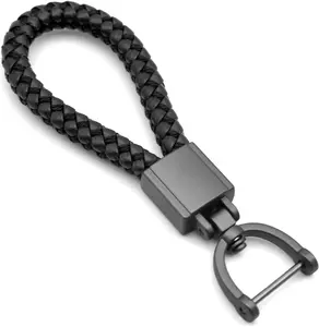 Universal Black Leather Car Keychain – Braided Strap with Metal Keyring, 360° Rotatable D-Ring, Matte Black Finish, Durable Fob Holder for Men & Women