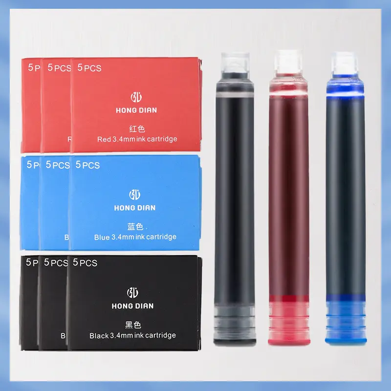 30-Pack Hongdian Fountain Pen Refill Ink Cartridges – 3.4mm Bore, Black/Red/Blue, Smooth Ink Flow, Quick-Drying
