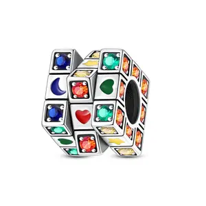 MULA 925 silver-plated Rotating Rubik's Cube Pendant, inlaid with cubic zirconia and enamel, is stylish and can soothe anxiety. It can be paired with Pandora bracelets and necklaces.
