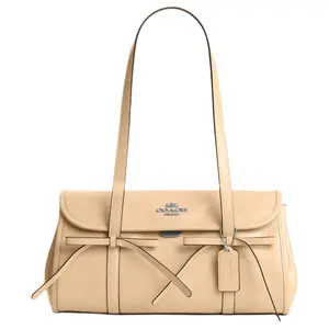 Coach Bridget 34 Large Shoulder Bag with Bow Accent in Smooth Grain Leather for Women in Pale Sand