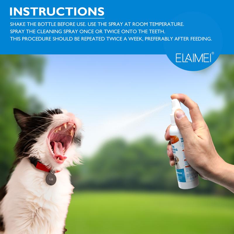 Elaimei Pet Teeth Cleaning Spray, Dog Breath Freshener, Soothing Bad Breath Caused by Plaque and Red Gums for Dogs & Cats, Dog Mouthwash Without Brush Fights Tartar - 4 Fl Oz / 120ml