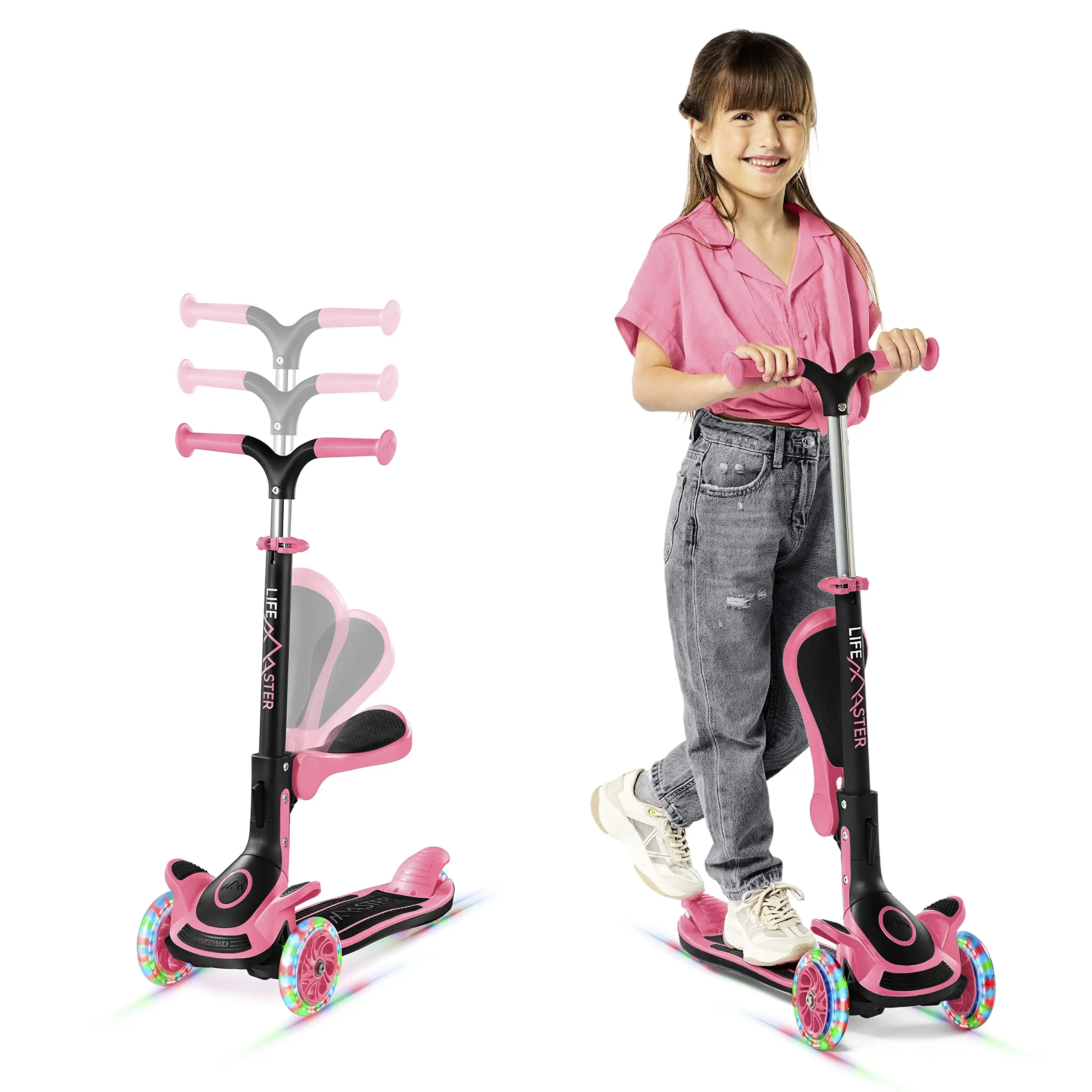 Kids 3 Wheel Scooter with Foldable Seat Adjustable Handlebar Lean to Steer LED Wheels Anti Slip Deck Ages 2-8