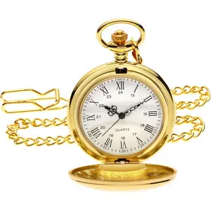 Smooth Vintage Pocket Watch with Chain, Classic Alloy Pocket Watches  Men Women, 1920s Style Quartz Pocketwatch, 1.78" Diameter