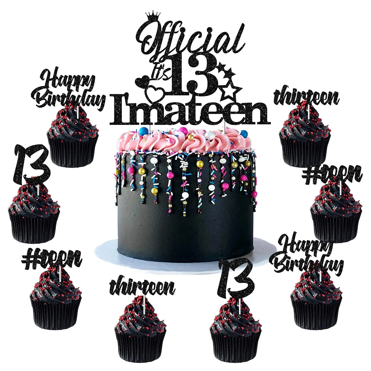1Set 13th Cake Decorations  Official 13 Im a Teen Cake Topper with 24 Pack Cupcake Toppers Black Glitter for Teenager Boys Thirteen Birthday Party Supplies