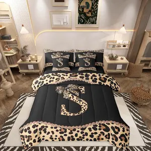 Feelyou 7-Piece Bed Comforter Set - Letter Initial & African Cheetah Bow Design, Leopard Print Animal-Themed Bedding with Breathable Microfiber Cloth, Multi-Size Modern Coquette Bed-in-a-Bag Quilt