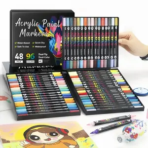 24/36/48-piece double-ended acrylic paintbrush set, 48/72/96-color acrylic marker set. Suitable for rock painting, canvas, wood, glass, ceramics, fabric, eggshells, and scrapbooks. Water-based quick-drying formula. Safe and worry-free colored marker set.