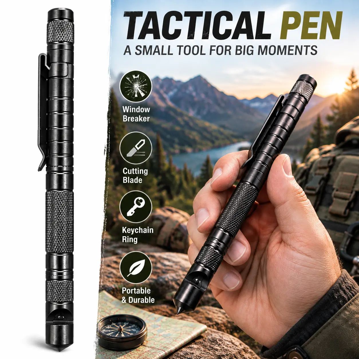 Compact Pocket-Sized Unisex Multifunctional Pen Set - Durable Aluminum Alloy Body, Compass, Whistle, Screwdriver, Bottle Opener, Replaceable Ink Refills, Gift Box Included - Outdoors, Office Use