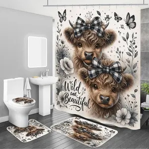 1PC/4PCS 2D Flat Printing Digital Color Background Shower Curtain, Home Bathroom Decoration, Bathroom Decoration Accessories, Waterproof Fabric Shower Curtain Set with 12 Hooks, Non-slip Bathroom Rug, U-shaped Toilet Mat, Toilet Lid Mat