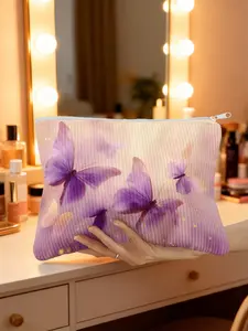 1pc, Aesthetic Corduroy Makeup Organizer with Ethereal Purple Butterflies Pattern, Compact Cosmetic and Wash Bag, Makeup Storage Bag, Ideal for Daily Purse Use and Quick Touch-Ups