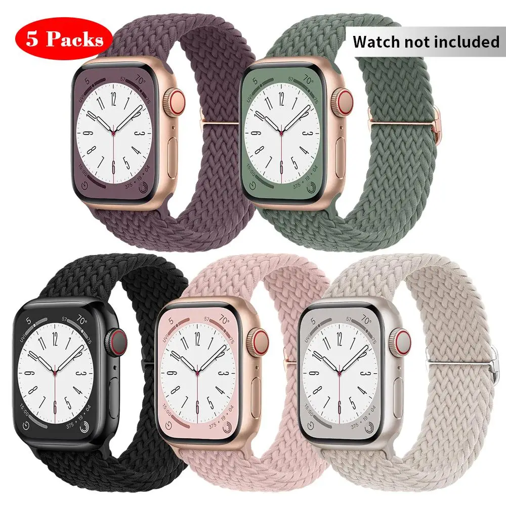 Braided Nylon Watch Band, Adjustable Fashion Watch Band, 5 Counts Sport Elastic Nylon Cloth Watch Wristband for iWatch Series 9 8 SE 7 6 5 4 3 2 1