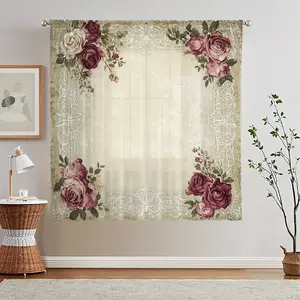 [2-Pack Vintage Curtains] 2-Pack Semi-Sheer Vintage Rose & Lace Curtains | 100% Polyester, Machine Washable, Light Filtering Privacy | Elegant Home Decor for Kitchen Living Room Bedroom Window Curtain