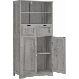 Storage Cabinet with 2 Drawers & Adjustable Shelf, Tall Bathroom Cabinet with Doors, Cupboard, Kitchen Cabinets for Living Room, Dining Room, Entryway, Grey