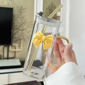 Borosilicate Glass Tumbler - 1PC Heat-Resistant Transparent Stylish Coffee Drinkware with Bow Decor, Straw, Lid, Portable Reusable Washable Cup for Home, Office