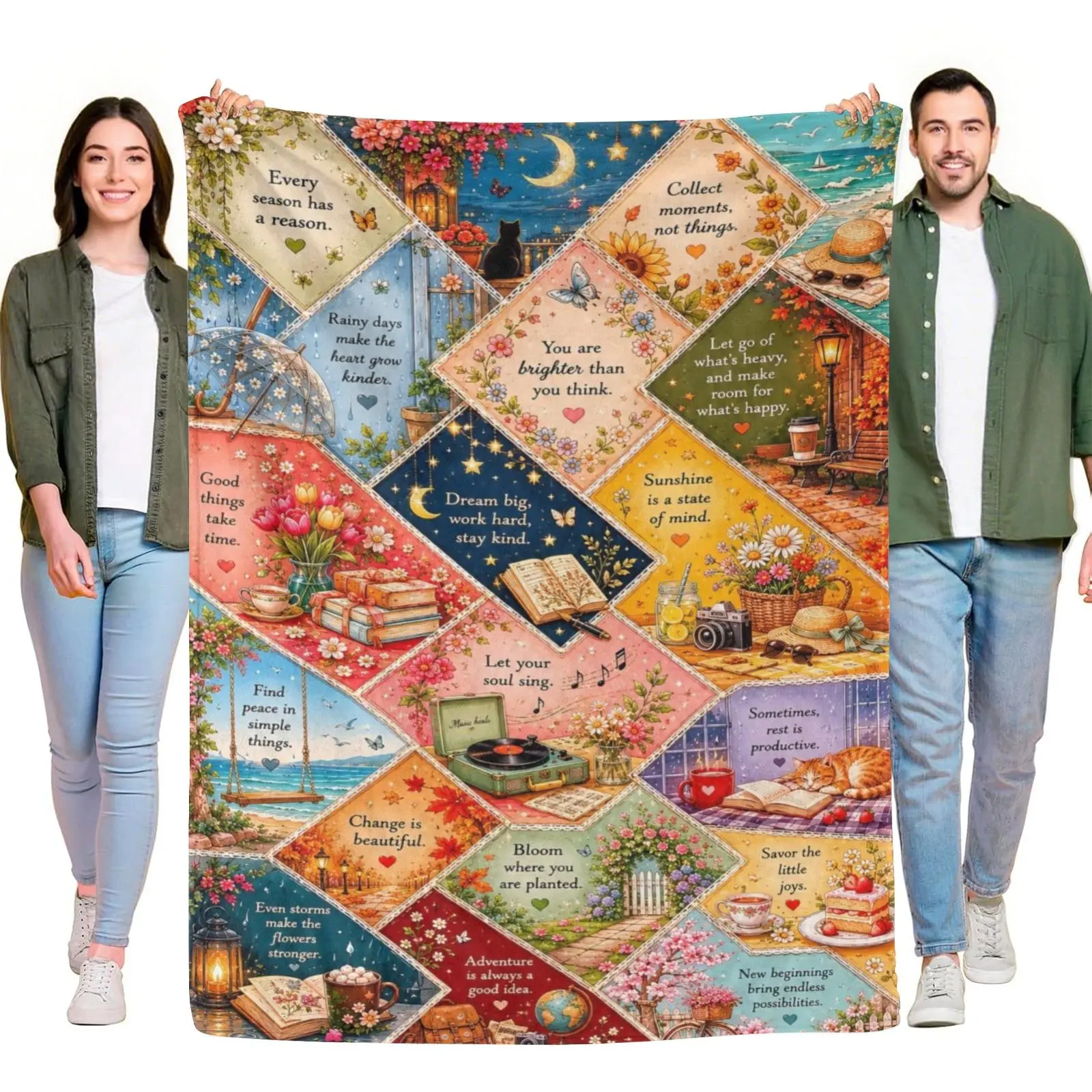 Flannel Throw Blanket Vintage Patchwork Positive Life Quote Collage Country Cottage Art Warm Cozy Throw Blanket Home Decor