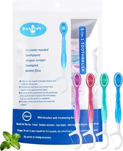 Disposable Toothbrush 4inch 5-in-1 Mini Toothbrush Integrated Toothbrush with Toothpaste Bead+Dental Floss+Toothpick+Tongue Scraper Travel Size Soft Fresh Breath 26 pcs (Mix)
