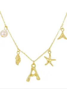 18k A-Z Initial Necklace, Boho Style Ditsy Floral Pattern, Zinc Alloy Chain, All Seasons Jewelry, Charming Shell Design, Flower Pendant Necklace