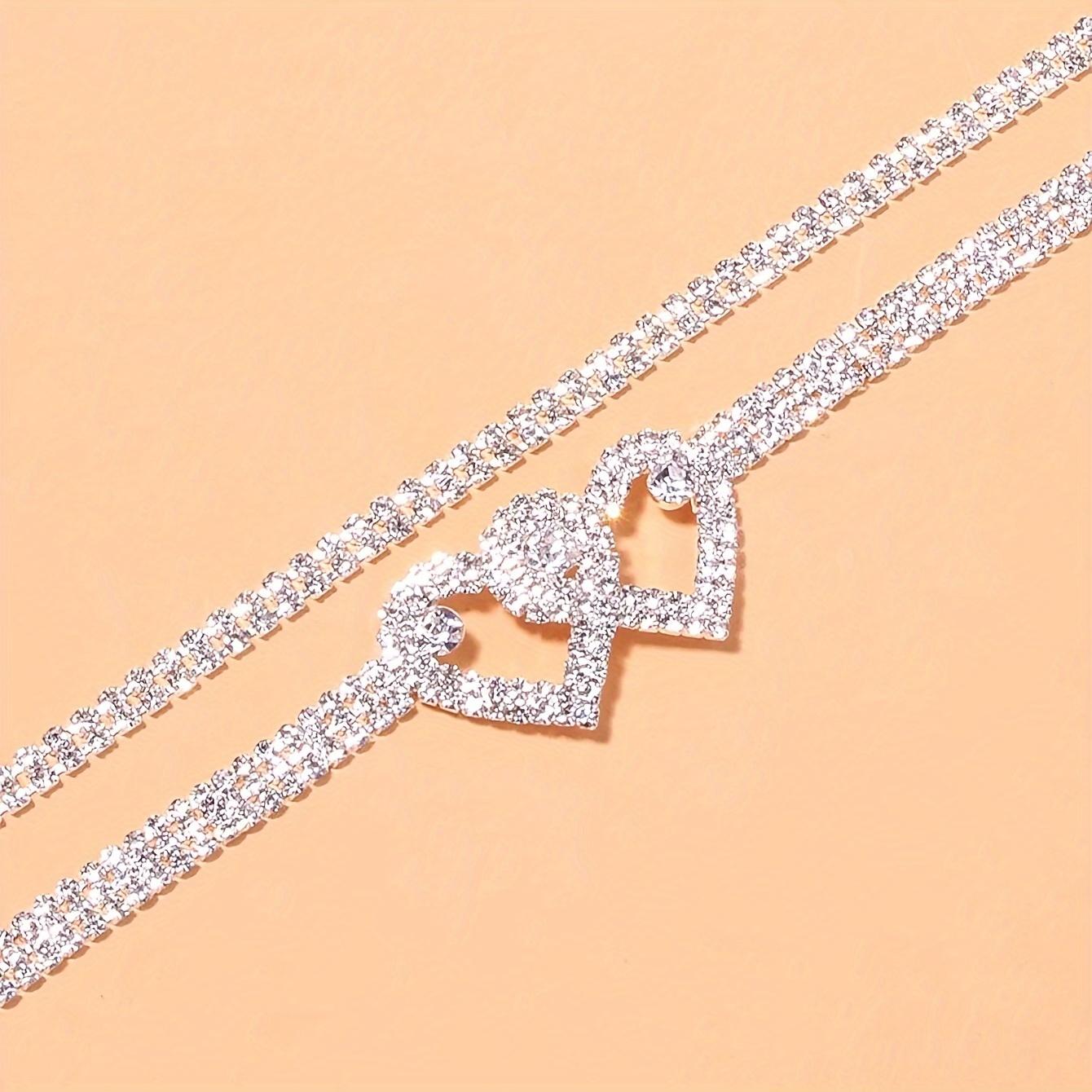 2-piece set of double heart rhinestone anklets, shiny beach foot jewelry, wedding accessories, perfect gift for friends and family