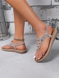 Champagne Gold Women's Bohemian Flats Ankle Elastic Jeweled Trending Shoes Comfort Walking Non Slip Casual Summer Beach Glitter Decorated Rhinestone Sandals