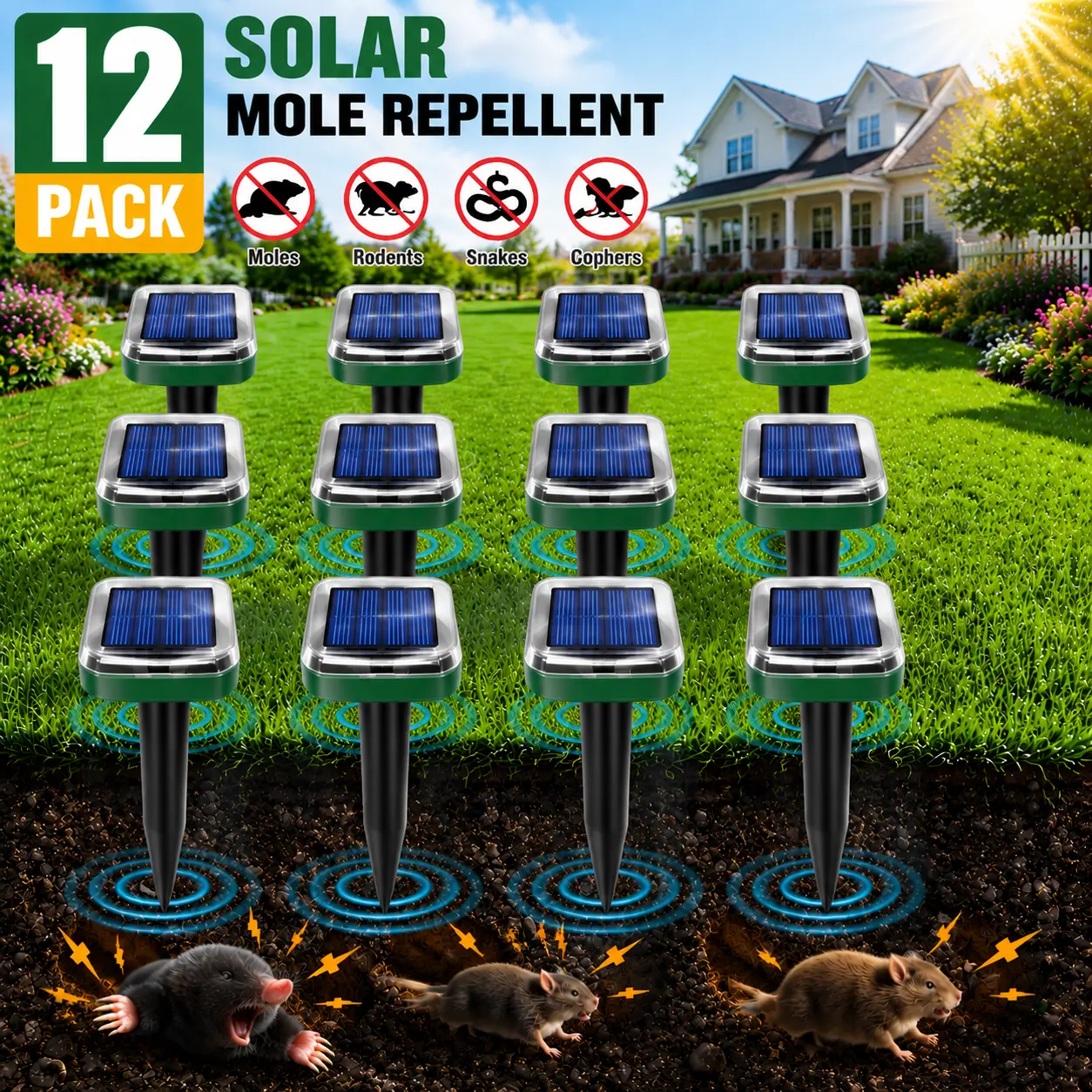 Mole Repellent Solar Powered, 12 Pack Solar Mole Repellents Ultrasonic for Vole, Snakes, Gopher, Waterproof Sonic Vole Deterrent Spikes,Snake Gopher