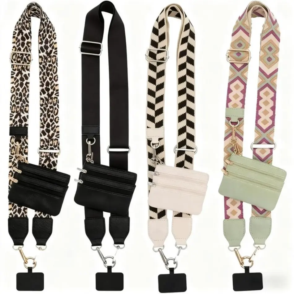 2026 New Arrival 4-Piece Fabric Cellphone Lanyard Crossbody Straps - Adjustable, with Zipper Pocket, Beige Hands-Free Mobile Accessory for Sports, Leopard/Geometric Prints, Mother's Day Gift Option