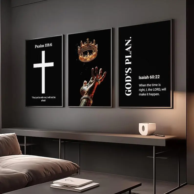 [No frame] Christian Wall Art Set - "God's Plan" Isaiah 60:22 & Psalm 118:6 Bible Verse Posters - Black & Gold Crown Cross Print Decor