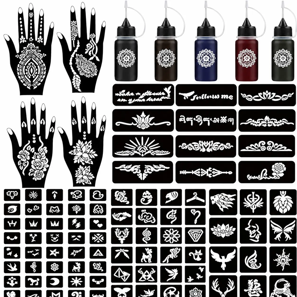 Henna tattoo kit Temporary Tattoo Kits | 5 Cones 96 Stencils Gifts for DIY Art Party