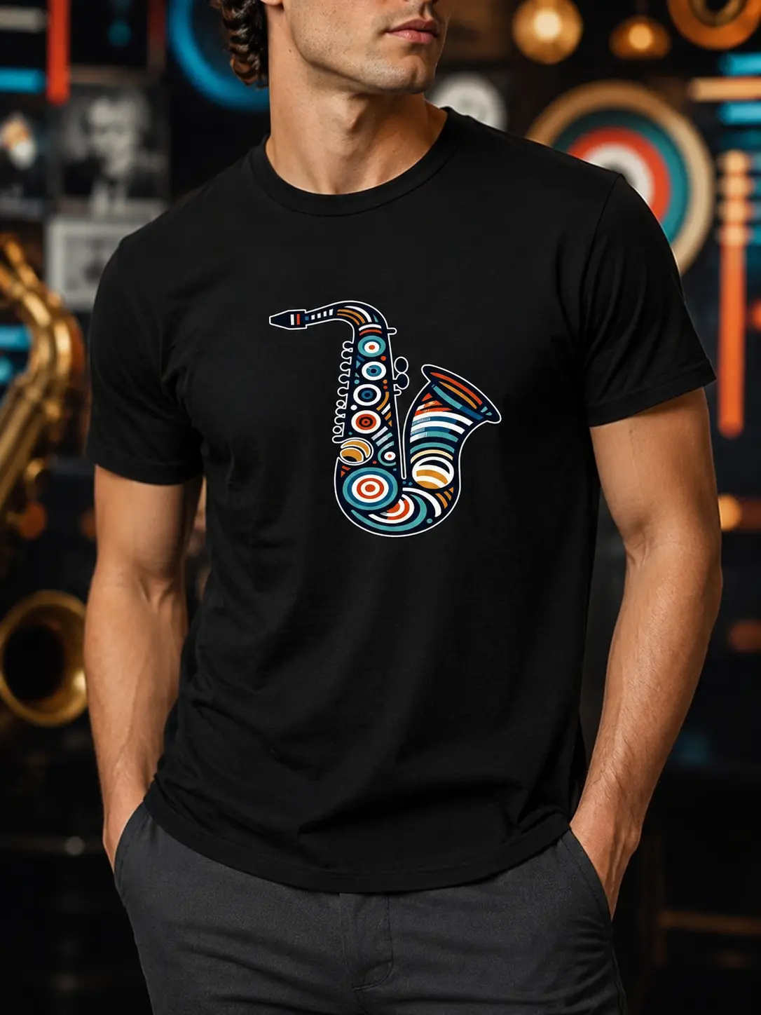 [Saxophone Tshirts] Colorful Geometric Abstract Saxophone Graphic Tshirt, Retro Jazz Music Casual Tee, Men's Crew Neck Short Sleeve, 100% Cotton, Black, Gift for Jazz & Saxophone Lovers