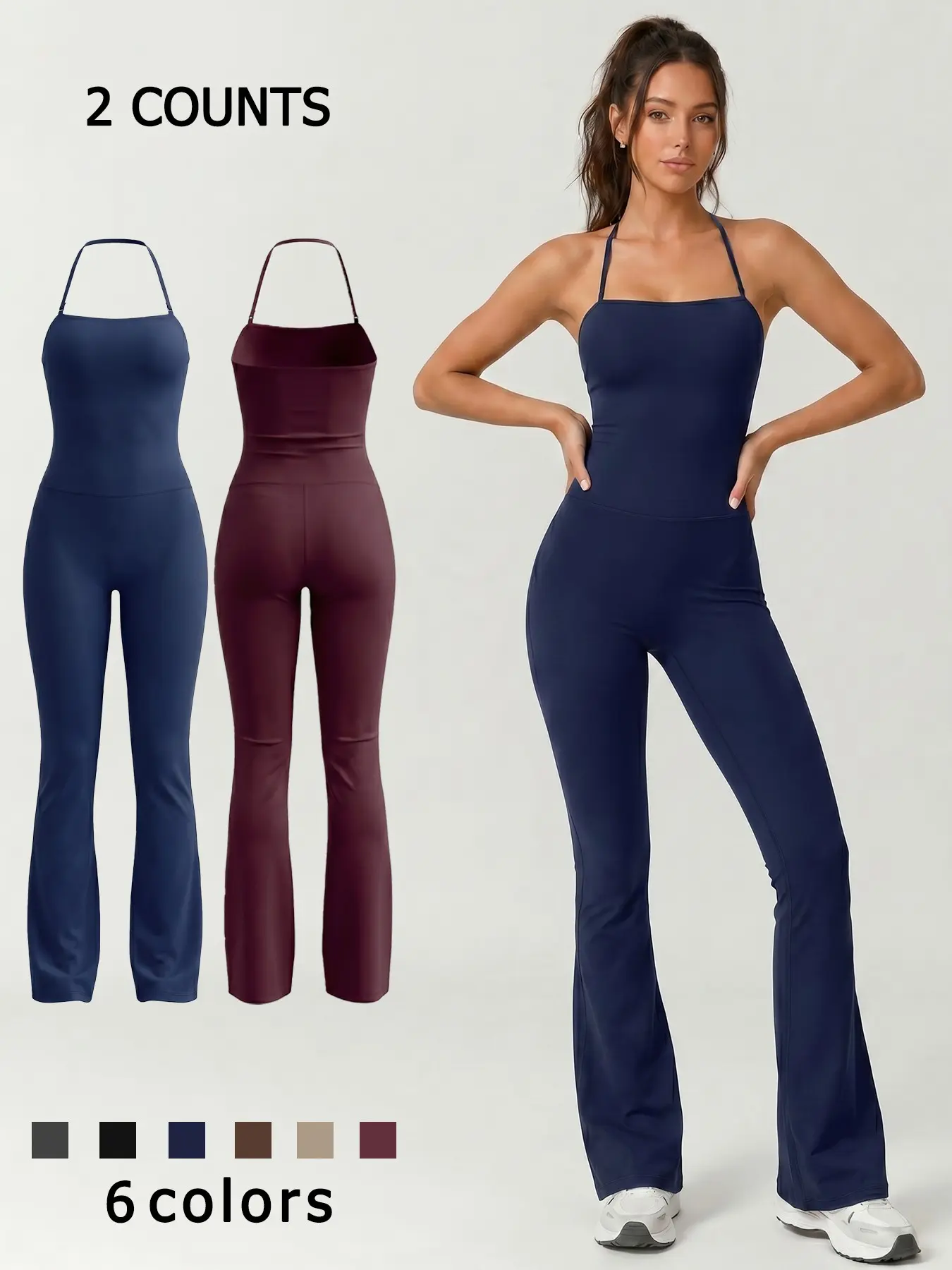 Women's 2 Piece Set Sports Solid Color Jumpsuit, Sporty Yoga Jumpsuit, Sleeveless Halter Neck Cami Yoga Outfit Nylon Spandex Fabric Daily Wear Outdoor Training And Gym Workout Wide Leg Pants All Season Activewear